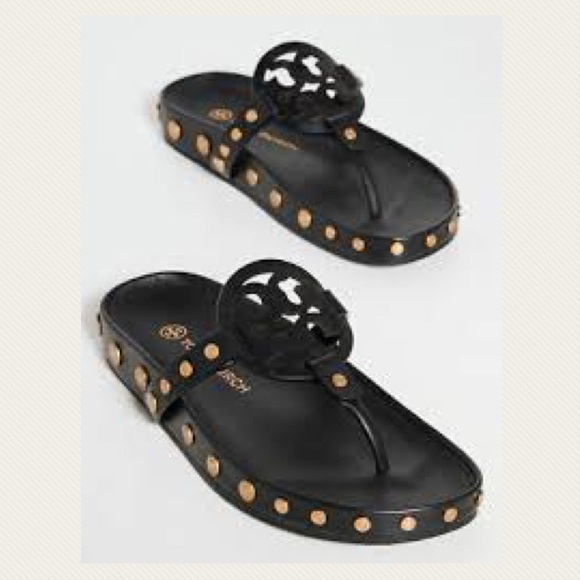 NWT Tory Burch Miller Cloud  Gold Coin Thong Sandals Perfect Black Size 11 M - Picture 4 of 11